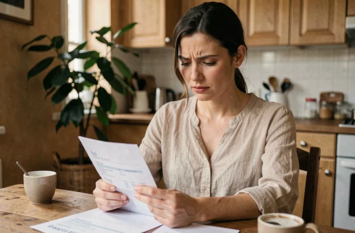 Femme lisant attentivement une quittance de loyer à une table en bois dans un appartement, illustrant la compréhension d'un solde antérieur de loyer