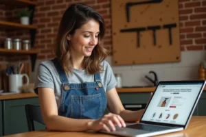 Femme parcourant un site web de bricolage sur un ordinateur portable dans une cuisine décorée avec des outils et des étagères en bois