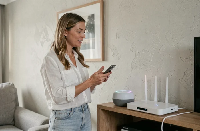 Femme utilisant Ok Google pour configurer sa Freebox Pop via une enceinte connectée dans son appartement