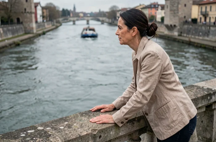 Femme contemplant un grand fleuve européen depuis un pont en pierre, idéal pour illustrer un voyage autour des fleuves en C