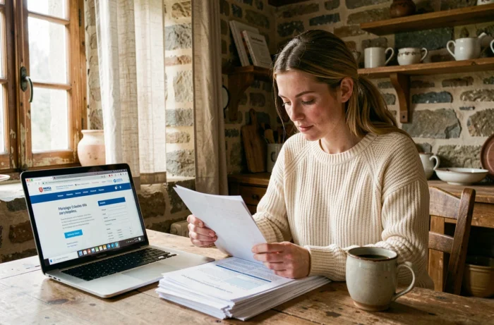 Femme préparant les documents administratifs pour la publication des bans de mariage à domicile en Bretagne