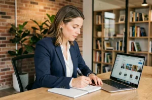 Femme professionnelle suivant une formation en ligne sur son ordinateur portable dans un espace de coworking moderne