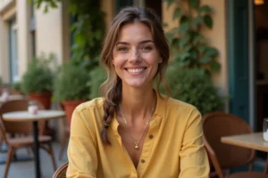Femme souriante et rayonnante attablée en terrasse de café parisien, dégageant une énergie positive et solaire au quotidien
