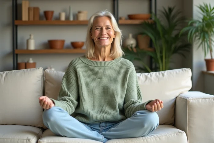 Femme épanouie et sereine dans un intérieur minimaliste chaleureux, illustrant le bien-être et l'énergie positive au quotidien