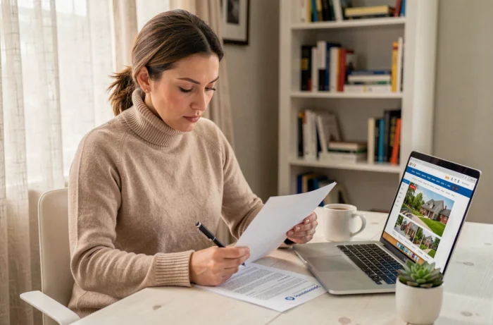 Femme examinant attentivement un contrat immobilier dans un bureau à domicile organisé