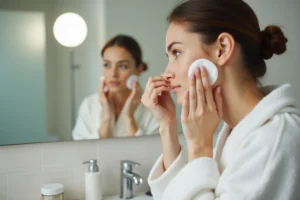 Jeune femme appliquant un coton sur un bouton de pus devant un miroir de salle de bain