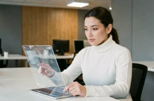 Femme utilisant une tablette holographique dans un bureau moderne high-tech