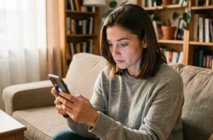 Femme vérifiant son abonnement Amazon Prime sur smartphone dans un salon