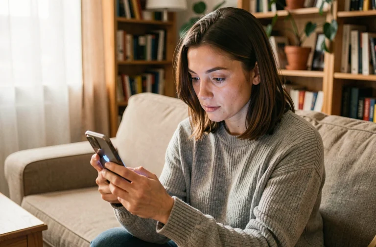Femme vérifiant son abonnement Amazon Prime sur smartphone dans un salon
