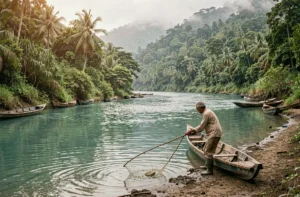 Pêcheur local sur un fleuve tropical luxuriant bordé de végétation dense, évoquant les grands fleuves commençant par C