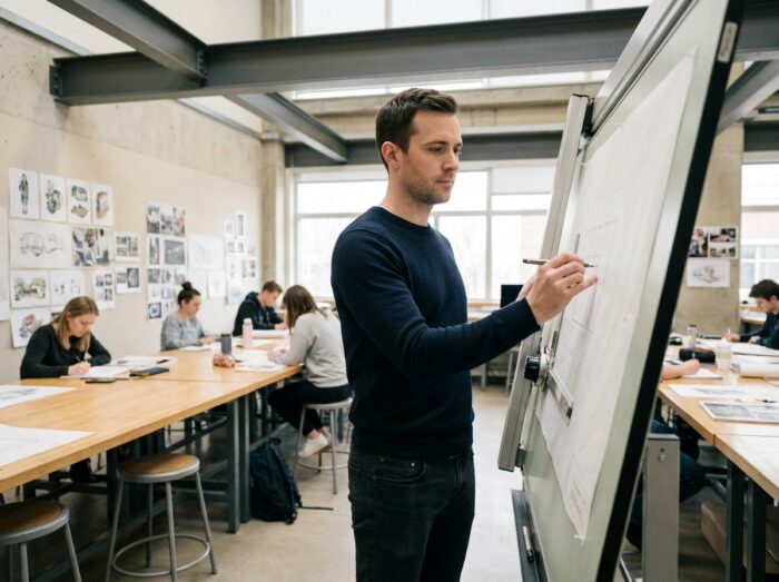 Étudiant en formation professionnelle de design travaillant sur un dessin technique dans un studio d'école de design contemporain