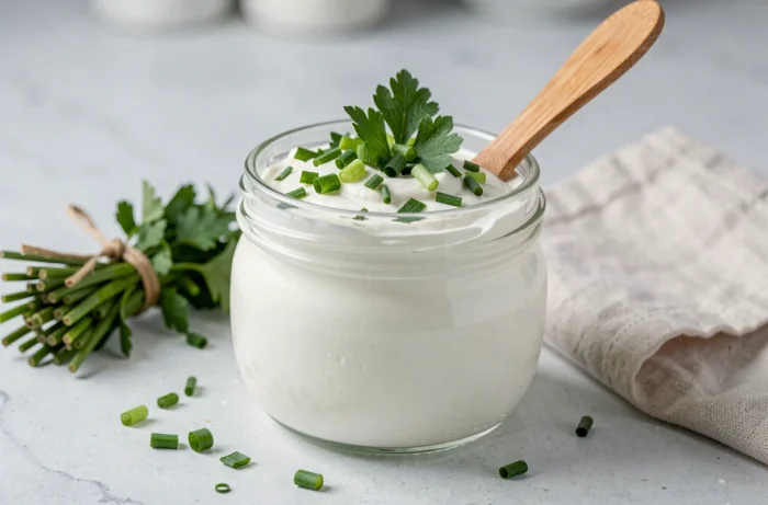 Petit pot en verre de fromage blanc lisse recouvert de fines herbes fraîches hachées comme la ciboulette, l'estragon et le persil