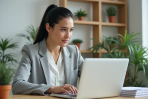 Femme gérant son compte Citya en ligne depuis un bureau à domicile avec un ordinateur portable
