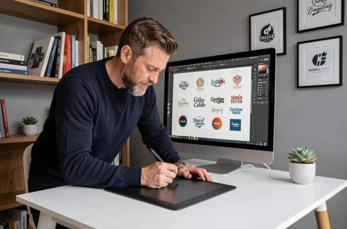 Graphiste travaillant sur un logiciel de création de logo professionnel sur ordinateur