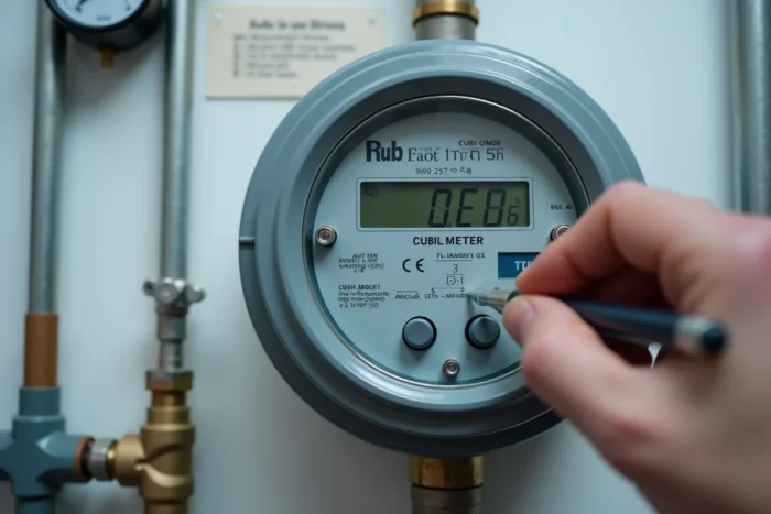 Gros plan sur un compteur de gaz numérique affichant des m3 avec une formule de conversion en kWh affichée à proximité