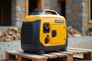 Groupe électrogène Mecafer MF3300 posé sur une palette en bois dans un chantier rural, vue en angle 3/4