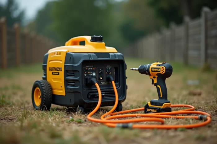 Groupe électrogène Mecafer MF3300 en fonctionnement dans un jardin, alimentant une lampe de chantier et une perceuse via des rallonges électriques