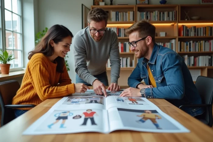 Groupe de professionnels discutant des tendances culturelles et sociales autour d'un magazine dans un bureau éditorial