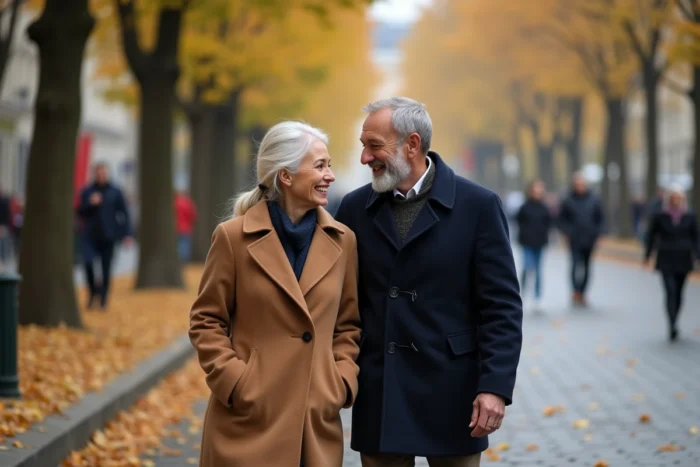 Couple élégant se promenant bras dessus bras dessous sur un boulevard parisien en automne, illustration de la vie amoureuse et discrète d'une célébrité française
