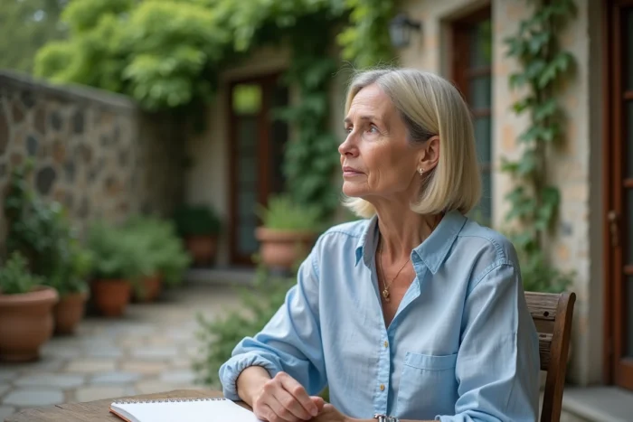 Femme blonde pensive assise sur une terrasse de jardin privé avec un carnet, évoquant les confidences et la vie intime d'Hélène Rollès