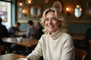 Portrait d'une femme élégante d'une cinquantaine d'années souriante dans un café parisien, évoquant la vie privée et le charme discret d'Hélène Rollès