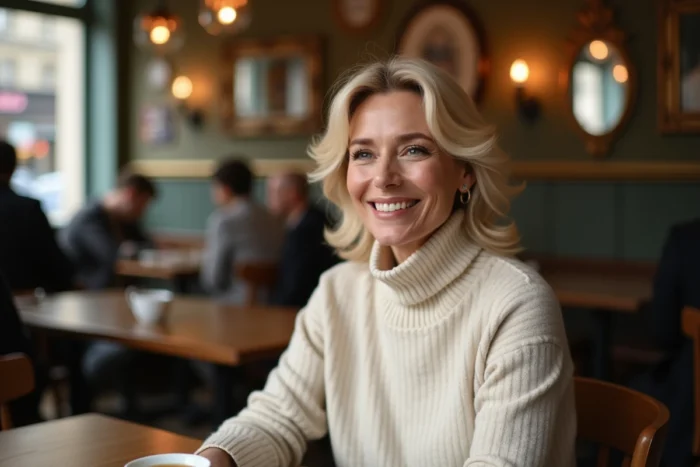 Portrait d'une femme élégante d'une cinquantaine d'années souriante dans un café parisien, évoquant la vie privée et le charme discret d'Hélène Rollès