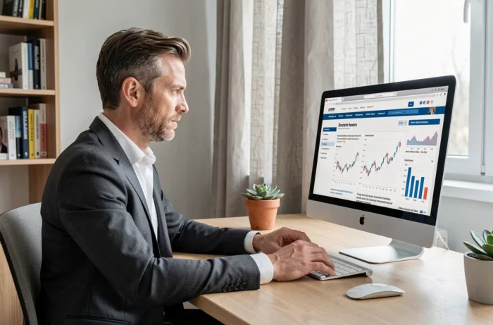 Homme d'affaires lisant les actualités économiques et financières sur un écran d'ordinateur dans un bureau épuré de style scandinave