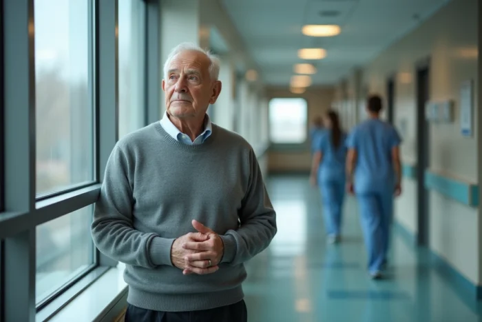 Homme âgé debout dans un couloir d'hôpital, regard pensif vers une fenêtre, évoquant un parcours de soin contre le cancer