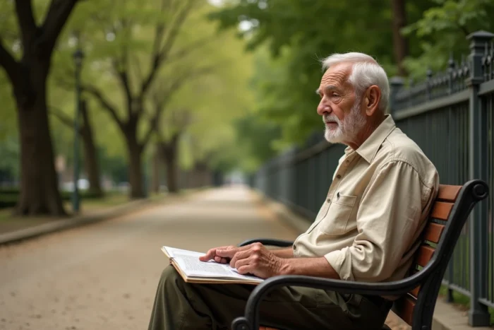 Homme âgé assis sur un banc dans un parc parisien, tenant un journal, reflétant la sérénité et la résilience face à la maladie