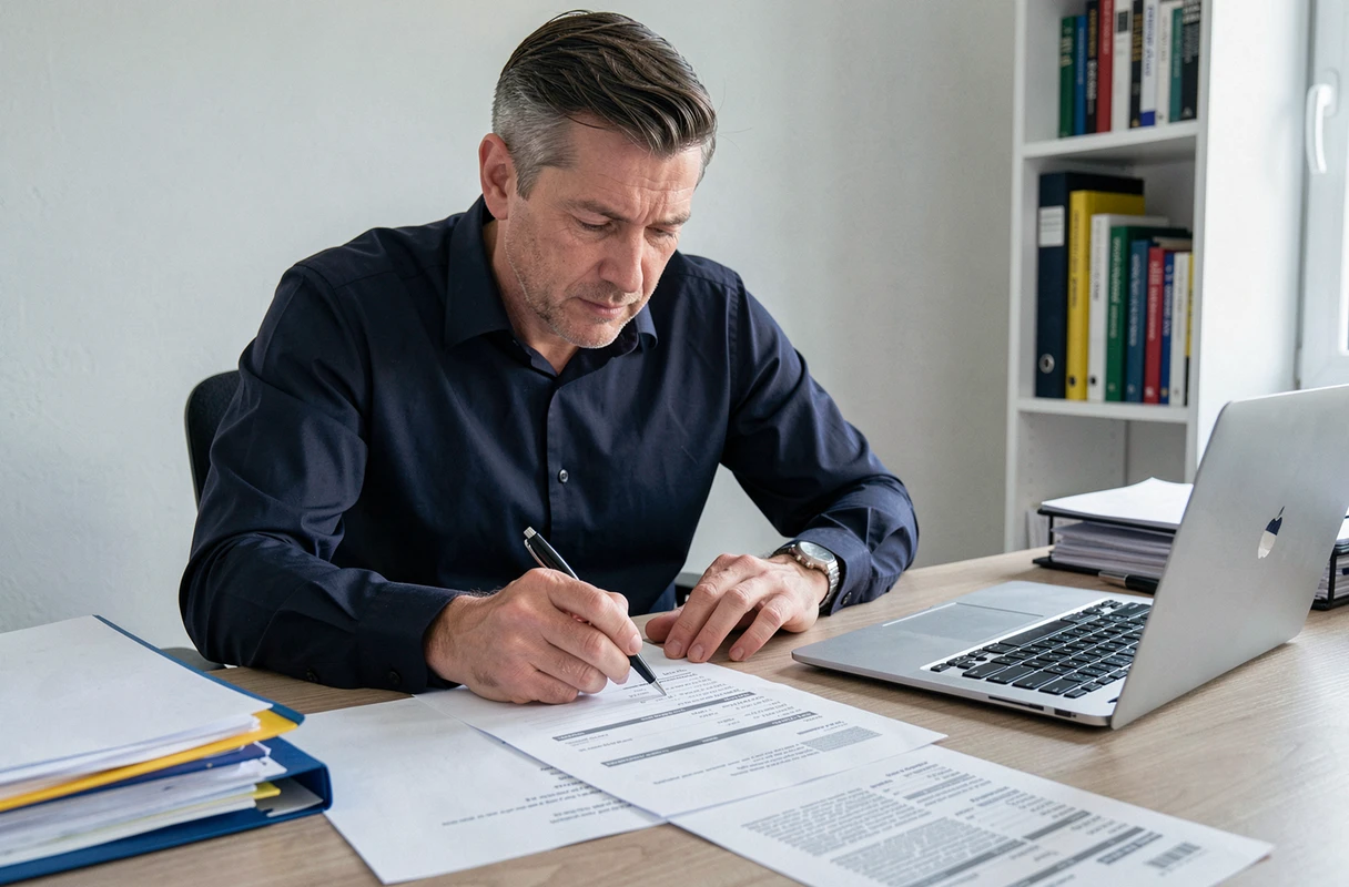 Homme analysant des documents de quittance de loyer et relevés financiers dans un bureau à domicile, pour comprendre le solde antérieur