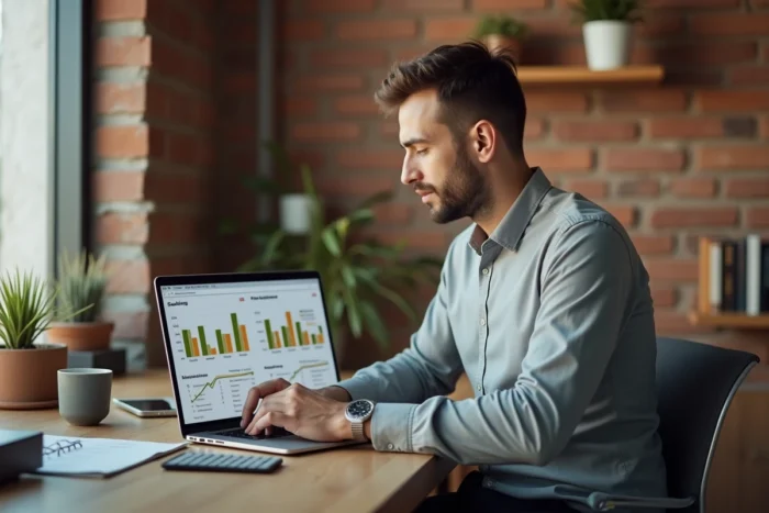 Homme travaillant sur des tableaux d'analyse d'investissement immobilier sur un ordinateur portable dans un bureau à domicile moderne