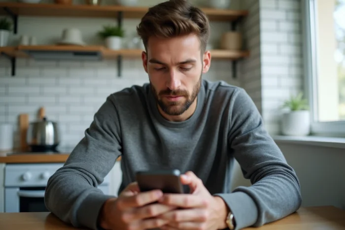 Homme vérifiant une opération en attente sur l'application mobile de La Banque Postale depuis sa cuisine, s'interrogeant sur la disponibilité des fonds