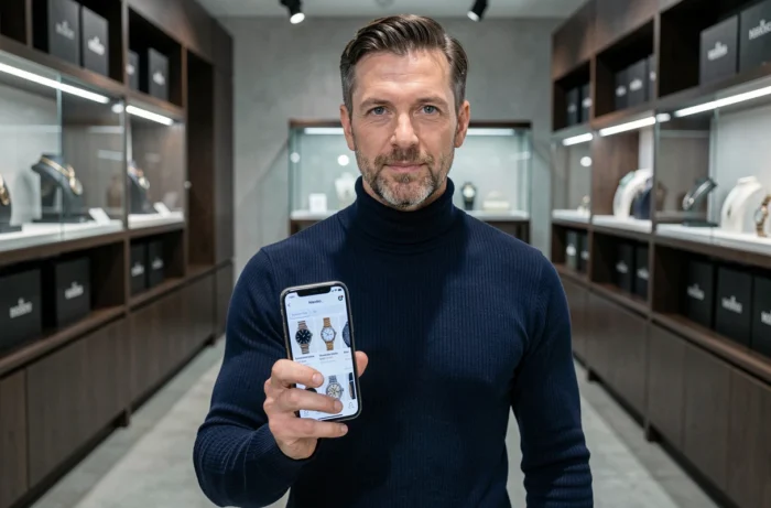 Homme élégant consultant une application de mode de luxe sur smartphone dans une boutique concept moderne