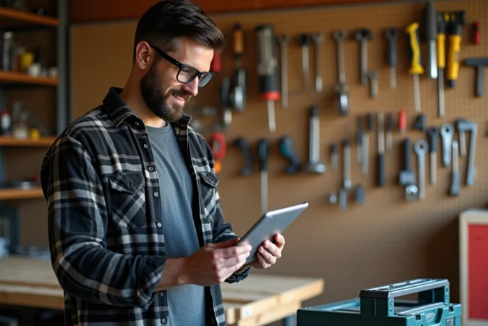 Homme consultant un site de bricolage sur une tablette dans un atelier garage bien organisé avec des outils et un établi en bois