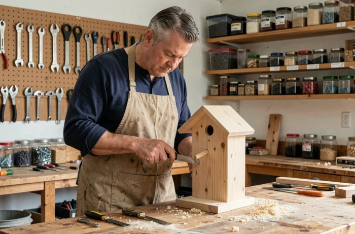 Homme assemblant une cabane à oiseaux en bois dans un atelier de bricolage organisé, portant un tablier en toile et concentré sur son travail