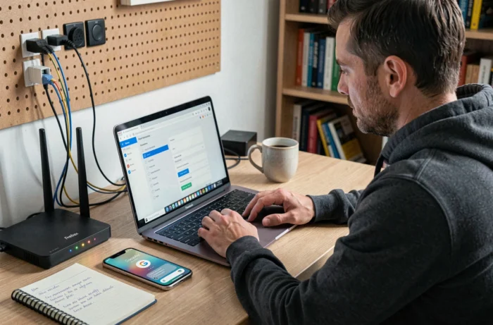 Homme configurant la Freebox Pop depuis un bureau à domicile avec Google Assistant sur smartphone et ordinateur portable ouvert