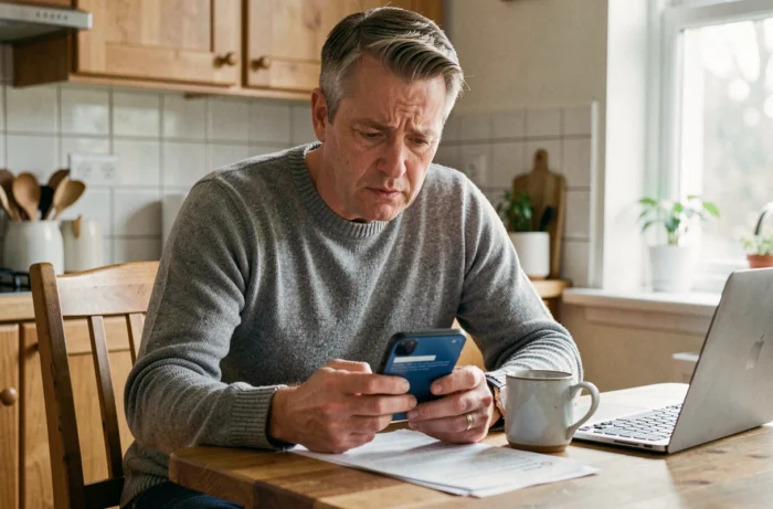 Homme inquiet vérifiant son téléphone après avoir bloqué sa carte bancaire LCL à la maison