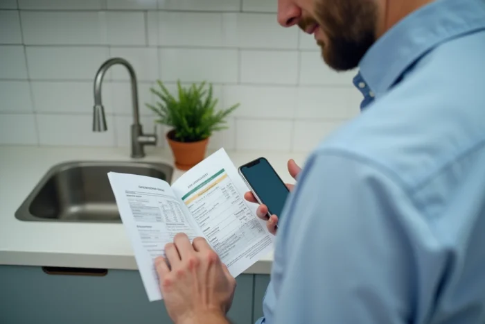 Homme comparant des relevés bancaires papier avec une application de gestion budgétaire sur smartphone