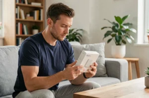 Homme configurant sa Freebox Pop dans un salon moderne avec le boîtier entre les mains