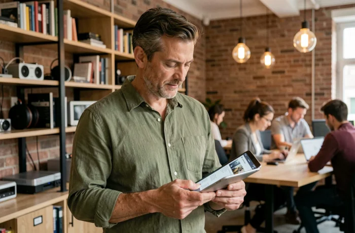 Homme en espace de coworking consultant une tablette avec des ressources technologiques et des podcasts d'innovation numérique