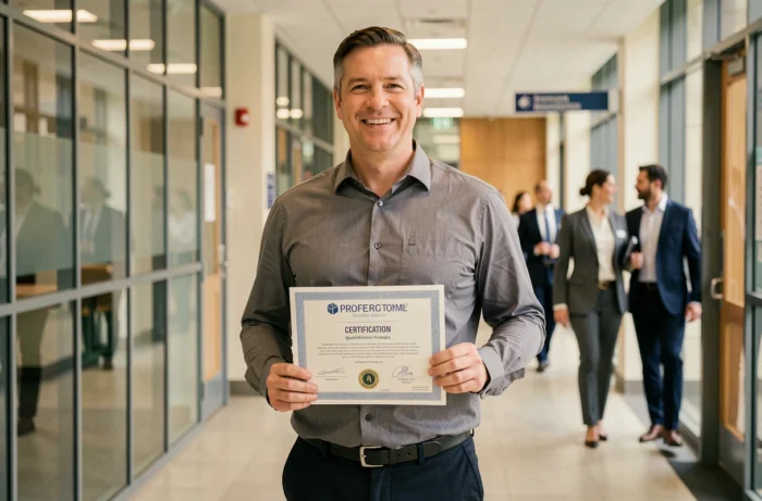 Homme tenant fièrement son diplôme de formation professionnelle dans un couloir universitaire moderne