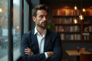 Portrait d'un homme discret et élégant dans un café parisien, regard pensif tourné vers la fenêtre
