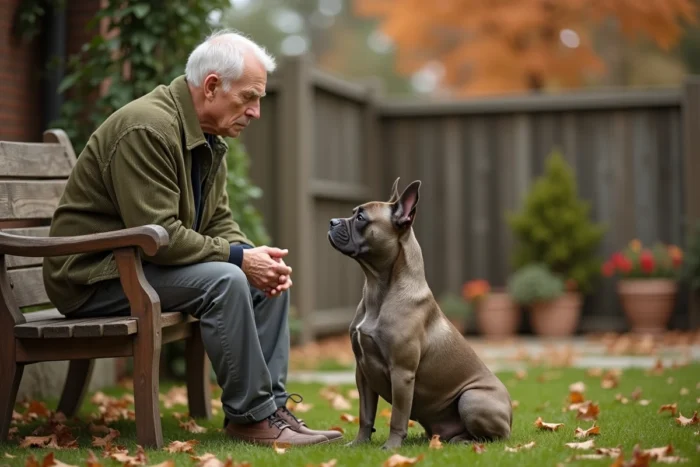 Homme âgé entraînant un bouledogue français dans un jardin en automne, conseils et astuces pour éduquer son chien