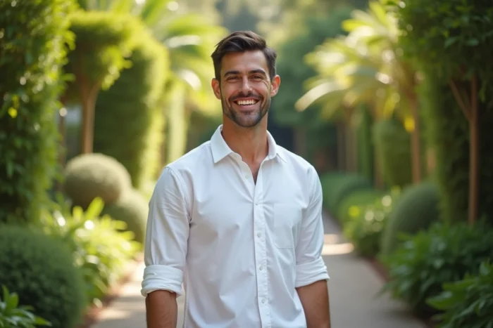 Homme confiant et épanoui marchant dans un jardin botanique verdoyant, incarnant une personnalité positive et solaire