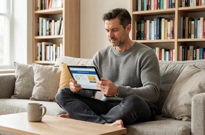 Homme adulte suivant une formation en ligne sur tablette depuis son domicile dans un salon cosy et moderne