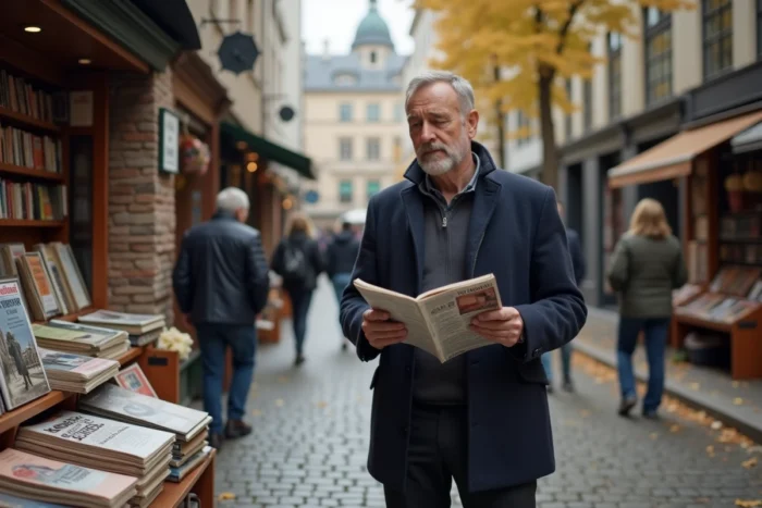 Homme parcourant des magazines culturels sur un marché du livre en plein air dans une rue pavée en automne