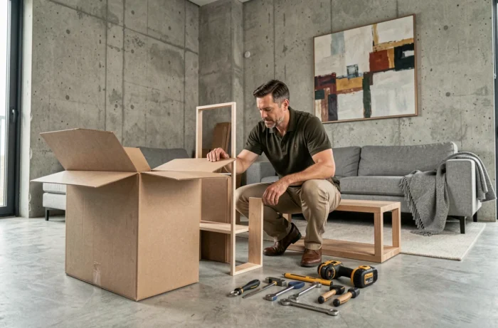Homme assemblant un meuble étagère dans un salon moderne avec des outils posés au sol