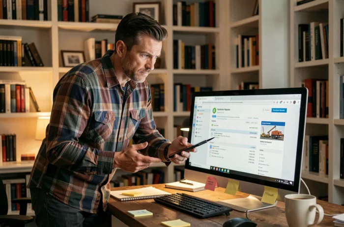 Homme consultant les certifications et avis d'un artisan sur ordinateur et smartphone avant de demander un devis