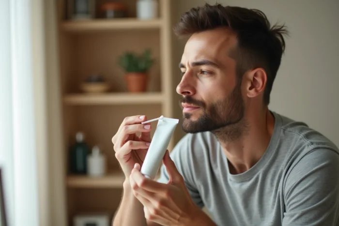 Homme appliquant un gel anti-bouton sur un bouton de pus sur le menton avec un coton-tige