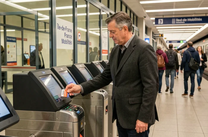 Homme utilisant sa carte Navigo sur un portique de validation dans une gare RER parisienne